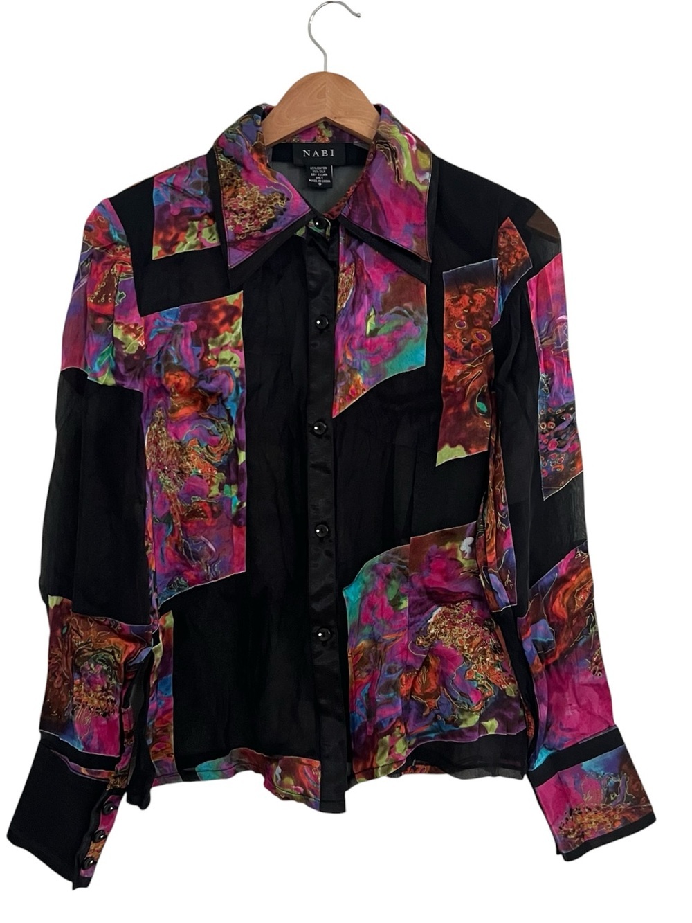 NABI Women’s Silk Blend Button-Up Vibrant Blouse Multicolor Art To Wear Sz S